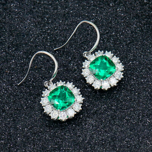 4.0Ct Cushion Simulated Green Emerald Drop/Dangle Earrings 14K White Gold Plated - Picture 1 of 4