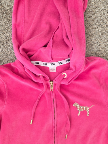 Love Pink Victoria's Secret Hot Pink Gold Pailletten Reißverschluss Jacke Velour Y2K XS - Bild 3 von 8