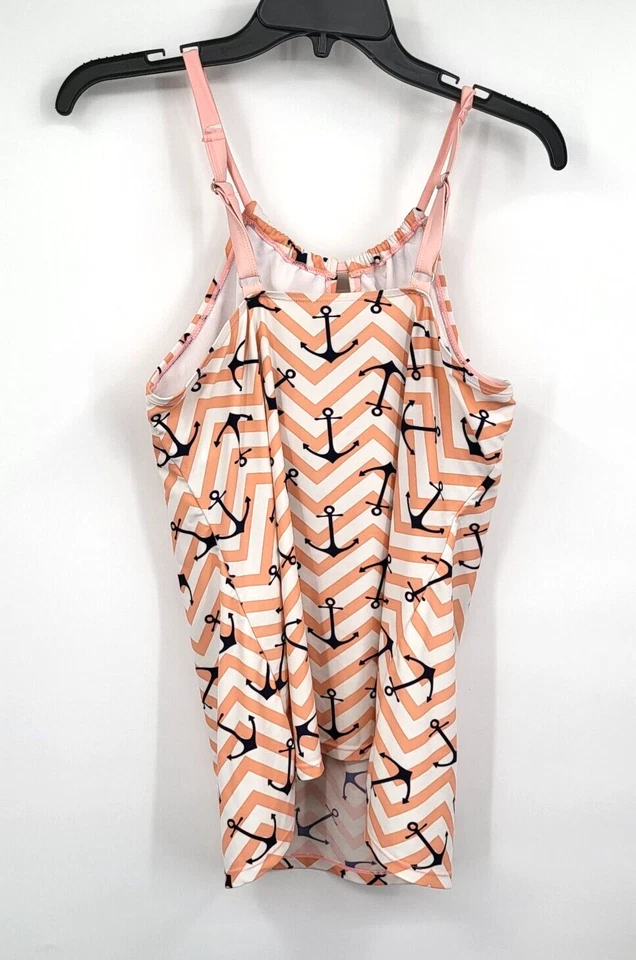 Tankini Size XL Coral Blue Anchor Pattern Keyhole Removeable Pads Swim Top - Image 3 of 4