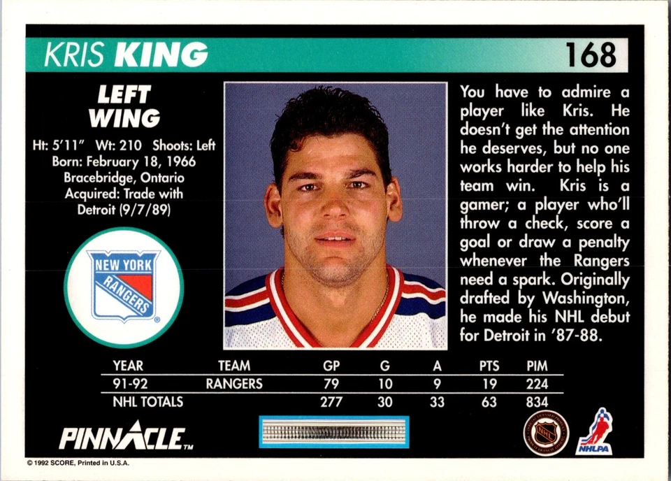 1992-93 Pinnacle - #168 Kris King - Image 2 of 2