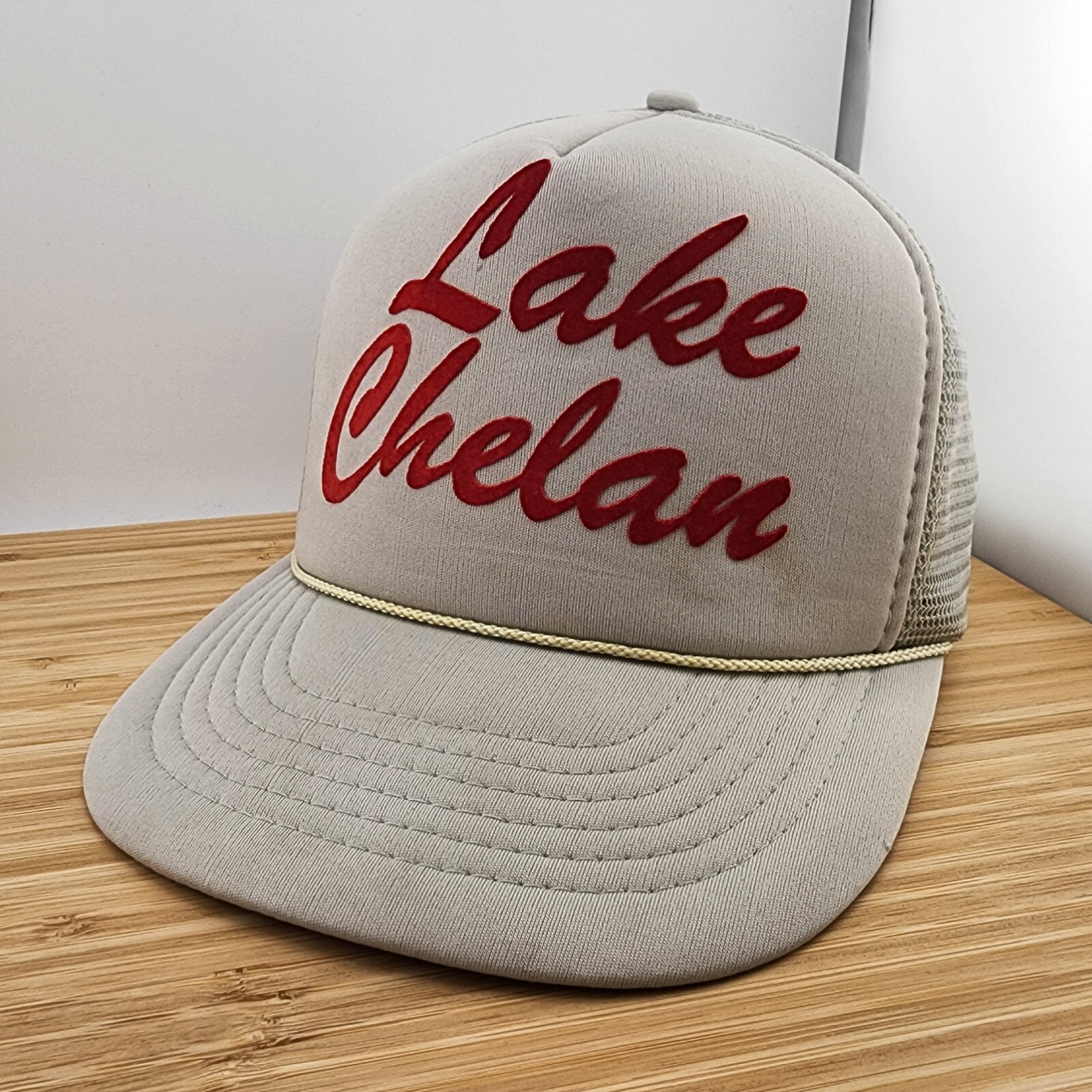 VTG Lake Chelan Foam Trucker Hat, Gray Cap with Red Felt Text, Snapback