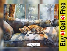Sleeping Cozy Feline, Watercolor Painting Print 5"x7" on Matte Paper