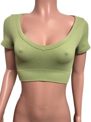 Green Seamless S/S V-neck crop tee top NEW S/M M/L Fitted ribbed tight Active
