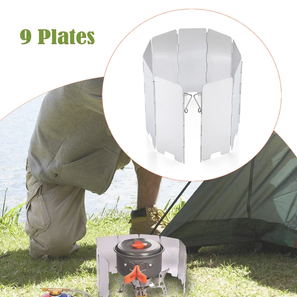 Parabrisas Estufa Camping Exterior Parabrisas Aluminio Plegable 9 Placas Plateado Foto 3 de 4