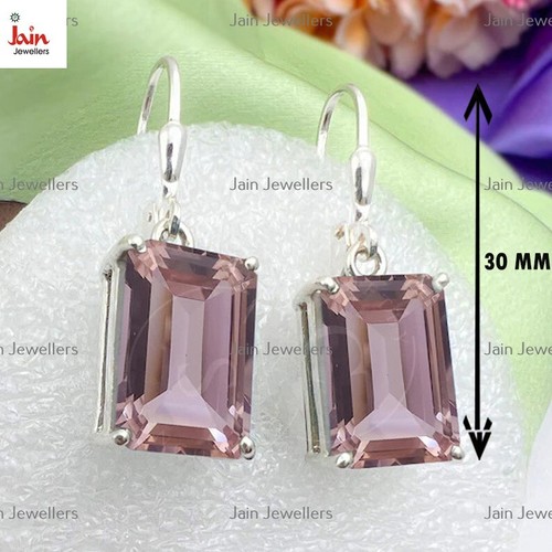 Pendientes colgantes de morganita de corte esmeralda de oro blanco sólido rea... - Imagen 2 de 4