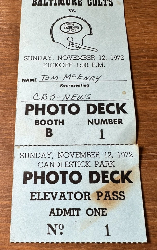 Boleto de juego Baltimore Colts V San Francisco 49ers de noviembre de 1972 pase de prensa foto mazo Foto 3 de 4