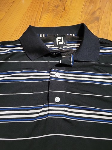 Footjoy Golf Polo Shirt SS Medium Blk Blue Wht Stripe Stretch Likeonew - Picture 2 of 10