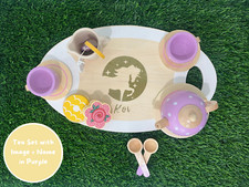 Purple Kids Personalized Wooden Tea Set, Kid Birthday gifts, Montessori Learning