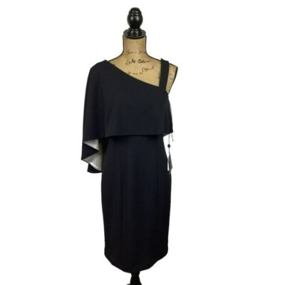 NWT Adrianna Papell Knit Crepe One Shoulder Cape Dress Black