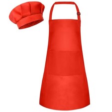 Kids Apron and Chef Hat Set Children Apron Adjustable with 2 Pockets 1 Red