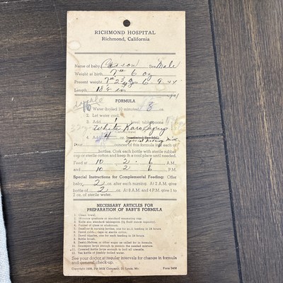 1940s Richmond Hospital, Richmond, Ca Newborn Baby Card, California