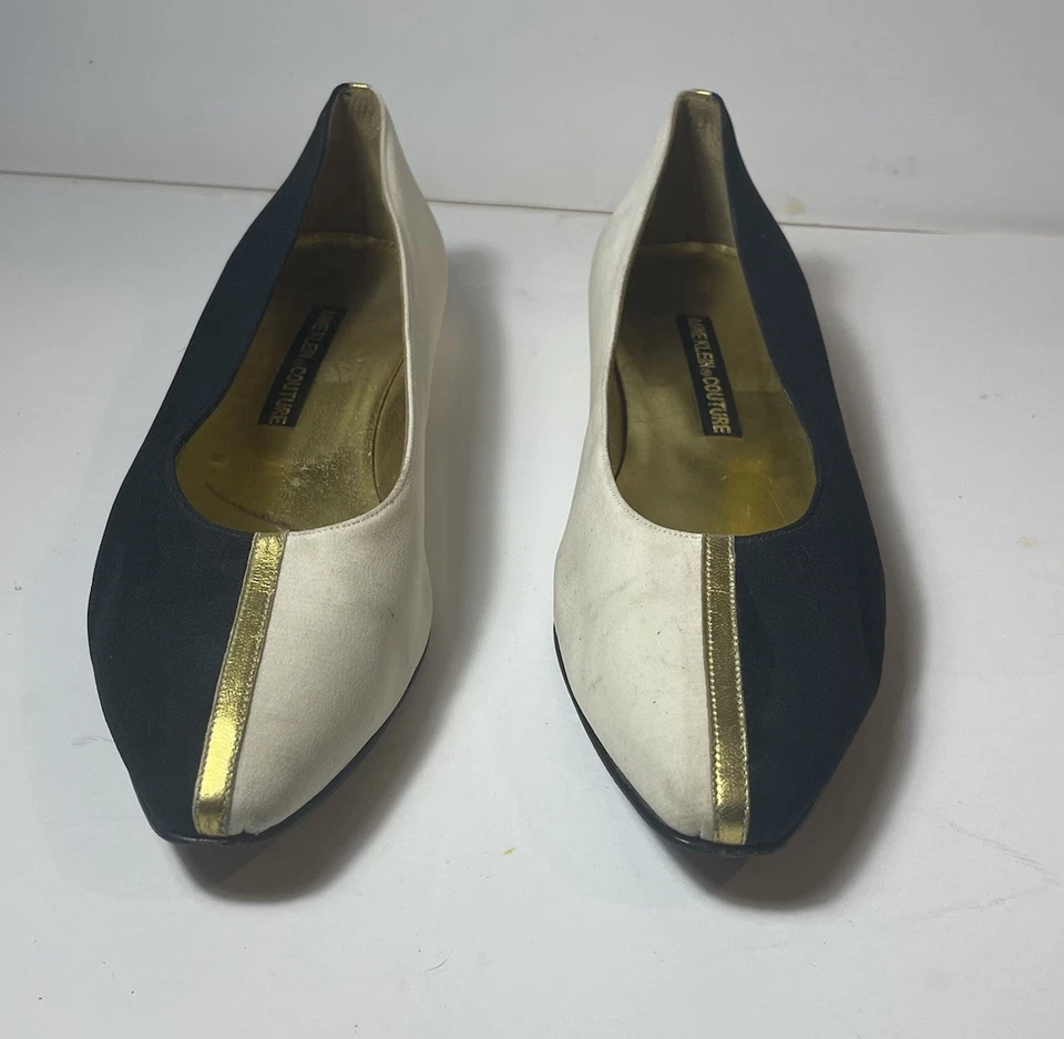 Planos planos de seda de tela blanca y dorada Anne Klein Couture 9 M vintage Foto 2 de 4