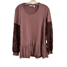 LOGO by Lori Goldstein Lounge French Shirt Maple Burgundy Crochet Floral Small