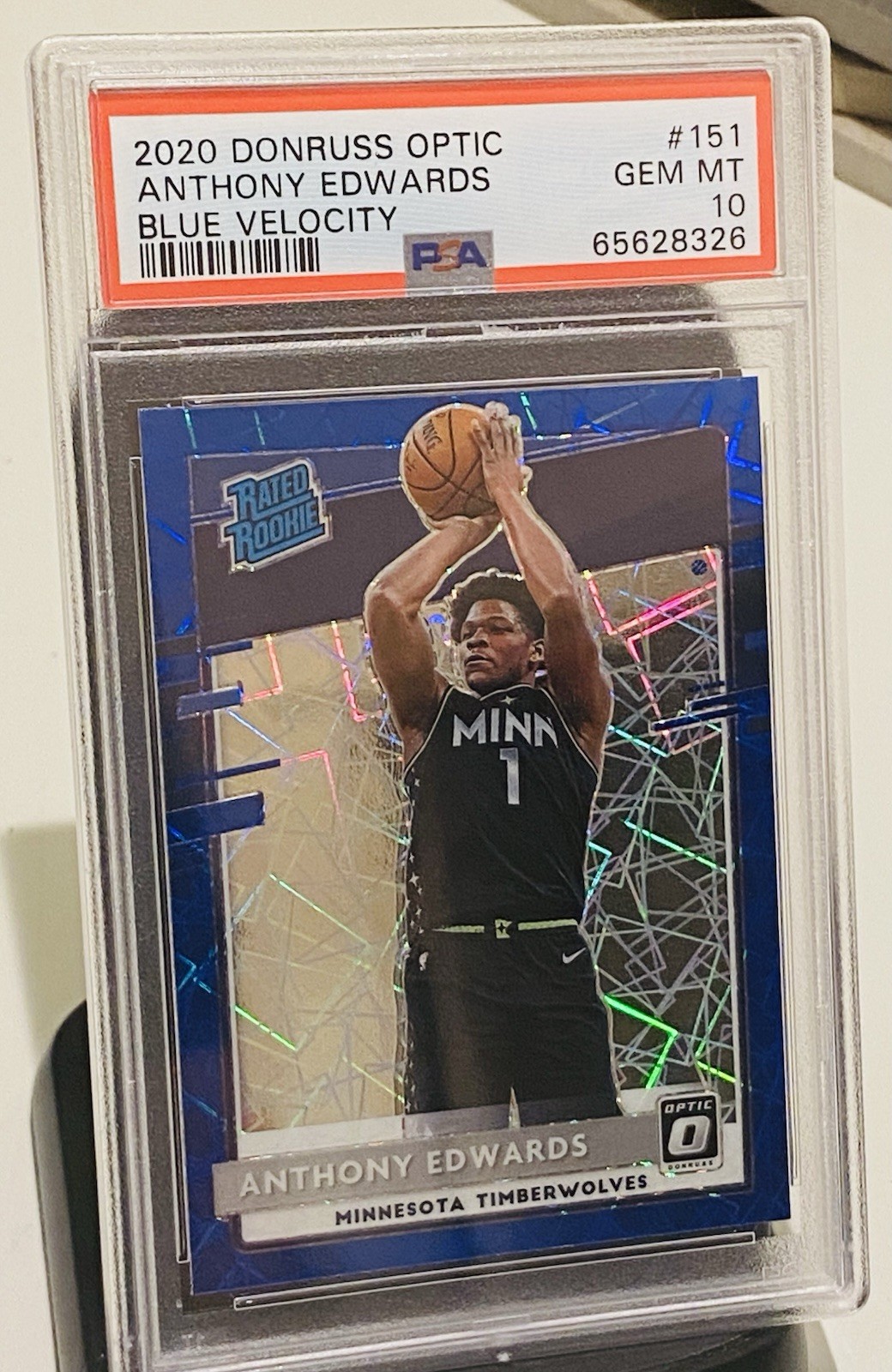 2020 Donruss Optic Anthony Edwards Blue Velocity Prizm #151 Rated Rookie PSA 10 view 2