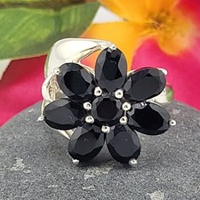 Statement Cluster Flower Black Onyx and 925 Sterling Silver Ring Size 8.25