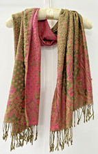 100 Cashmere Green  Hot Pink Paisley Scarf Made in Jerusalem