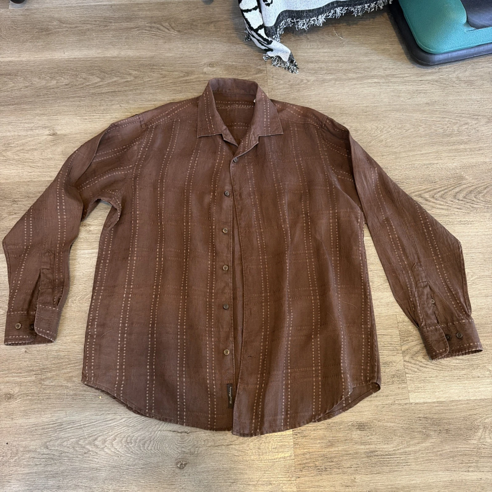 Vintage Tommy Bahama Button Up Mens M Medium Brown Linen Long Sleeved Shirt