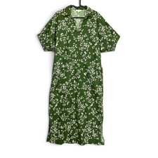 Entro Green White Floral Cotton Maxi Shirt Dress Collared Short Sleeve Medium
