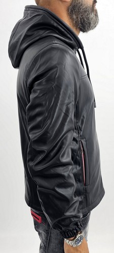 Giubbotto Uomo Giubbino double face Eco pelle Bomber Nero Cappuccio teddy Slim - Foto 5 di 6