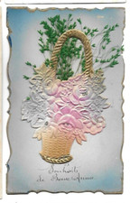 belle CPA carte postale ancienne relief un panier de fleurs ajout nature vœux