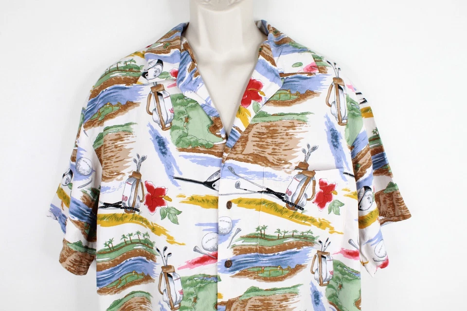 Vintage Iolani Hawaii Shirt Mens L Button Up Golf Pattern Camp 80s - Image 3 of 4