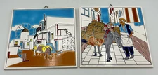 Niarchos Greek Ceramic Tile Wall Art Plaque 6" x 6" Village Design Pair