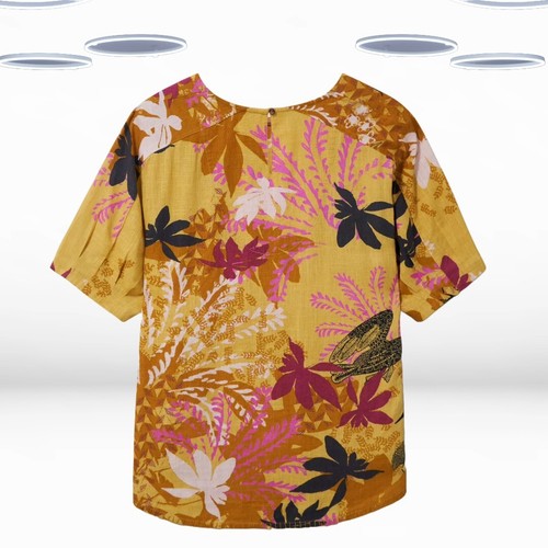 Ex White Stuff Women's Short Sleeve Linen Blend Top in Yellow Floral - Picture 2 of 6
