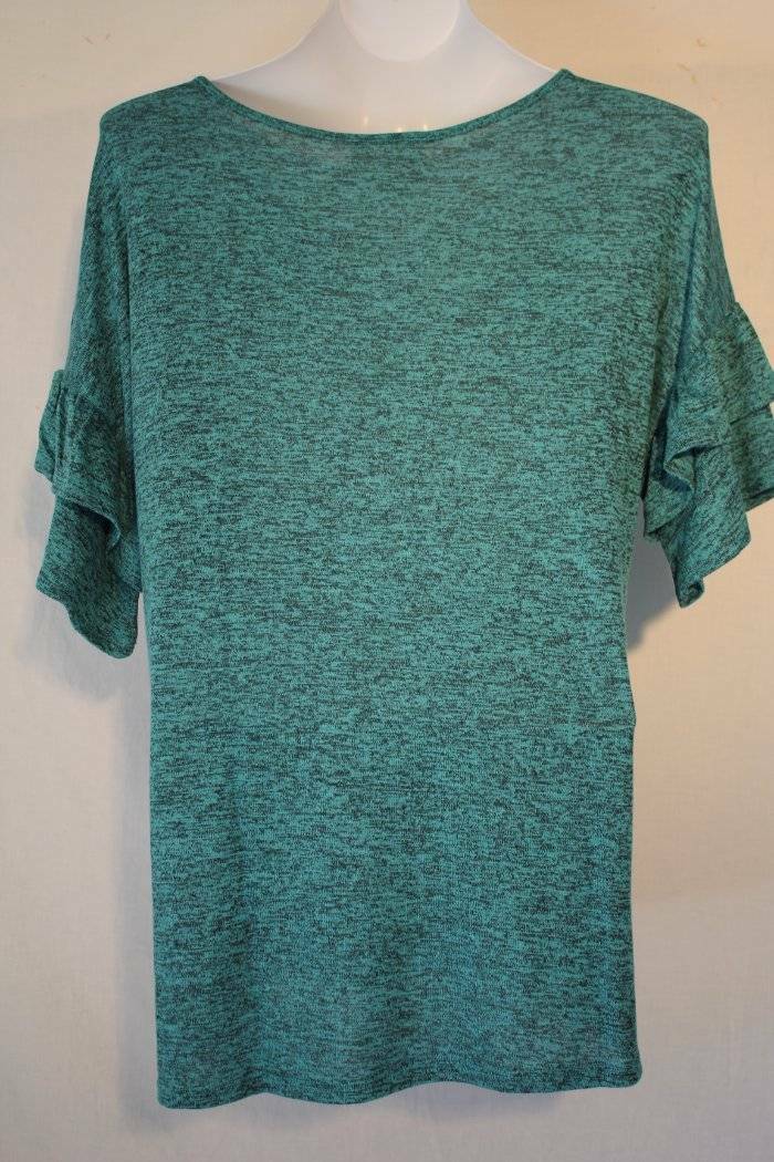 NEW Womens Knit Blouse Size Medium Top Green Black Shirt Ruffle Sleeve Soft image 2