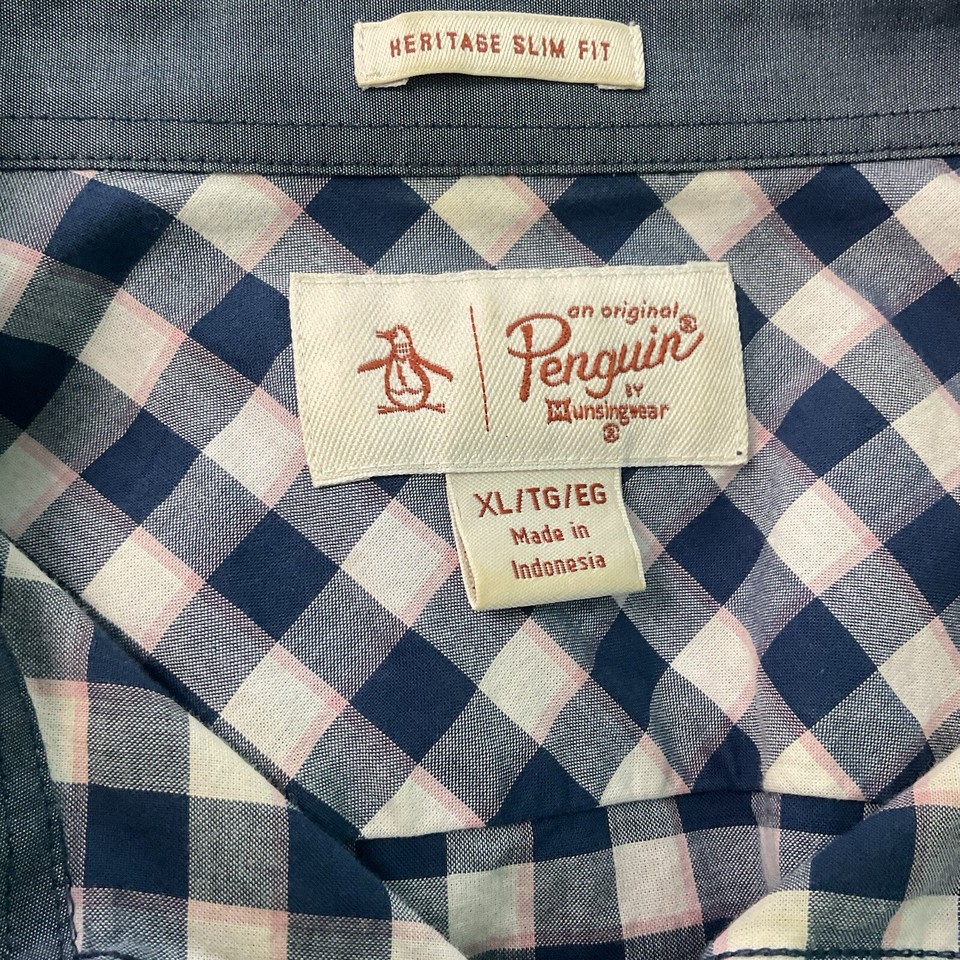 Penguin Heritage Slim Fit Button Short Sleeve Shirt Mens XL Blue Pink