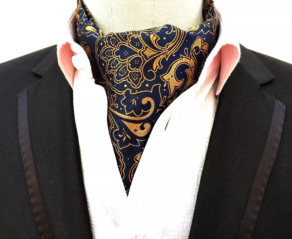 Classic Men Jacquard Paisley Gold Scarf Cravat Ascot Necktie Tie Gentleman - Image 2 of 2