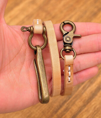 21''Handmade VEG Leather Chain Strap For Wallet Keyring Bikers Brass Hooks Clips