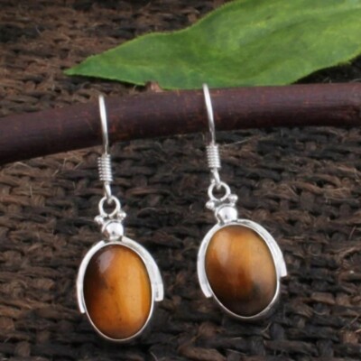 Handmade 925 Sterling Silver Earrings With Tiger's Eye Pear Shape Genuine Stone