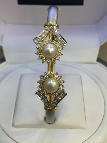 Pave 3.88 Cts Round Brilliant Cut Natural Diamonds Pearl Cuff Bracelet 14K Gold - Picture 10 of 12