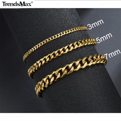3/5/7/MM Stainless Steel Chain Silver/Black/Gold Plated Cuban Curb Bracelet 7-11 - Picture 7 of 8