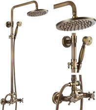 Antique Brass Shower Faucet System Wall Mount Rain Shower Head Combo Mixer Taps