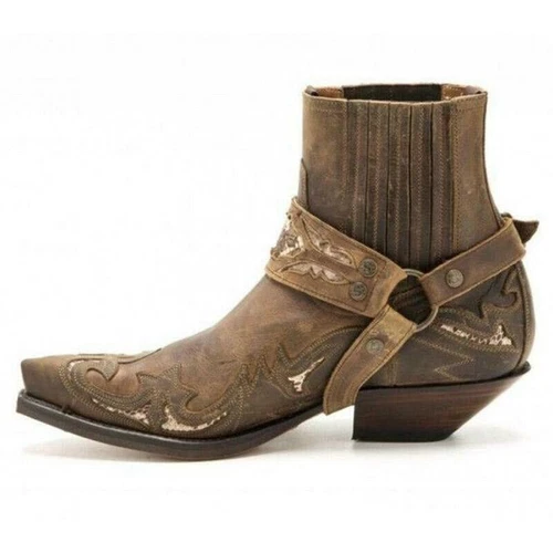 New Womens Mens Retro Pointy Toe Leather Boots Buckle Strap Western Riding Shoes - Bild 12 von 21