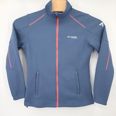 Columbia Fleece Jacket Womens L Blue Titanium Full Zip Waffle Knit Mock Neck