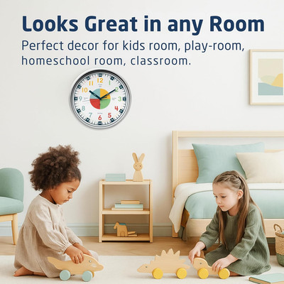 Non-Ticking Analog Kids Clock Teaching Wall Clock Silent for Classroom Bedroom