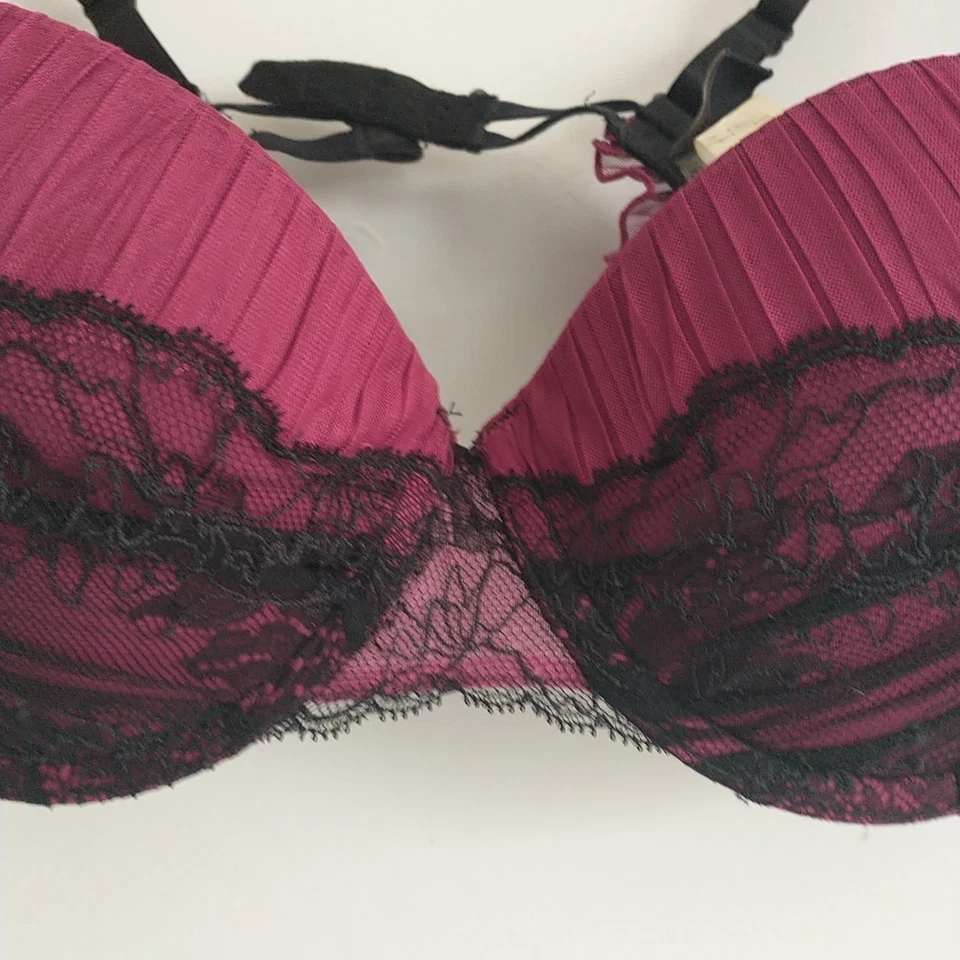 Sujetador Chantelle BOUDOIR PUSH-UP 34C Negro Rosa Encaje Volantes Lazo Con Aros Demi 3092 Foto 3 de 4