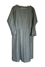 Handmade Vintage 1970s Olive Herringbone Wool Dress UK•20/22 3/4 Sleeve Tweed