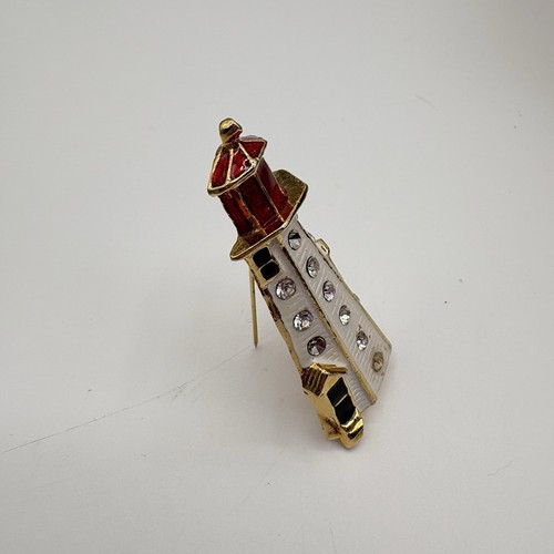 Gold Tone White Rhinestone Enamel Lighthouse Red Light Pin Brooch 1980s - Picture 2 of 6