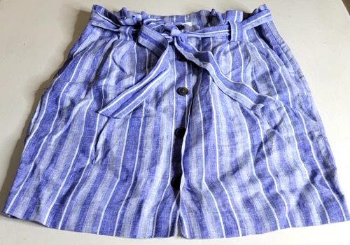 Women's  H&M skirt paper bag high rise linen blend striped blue white sz 12
