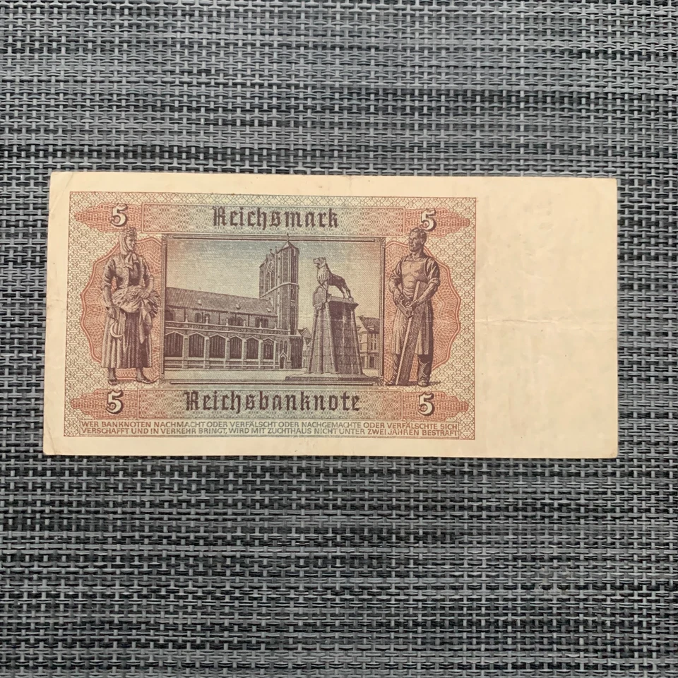 Billete de 5 marcos de 1942 recuerdos de la Segunda Guerra Mundial moneda alemana Alemania Segunda Guerra Mundial Foto 3 de 4
