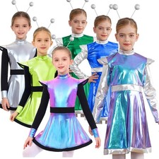 Kids Girls Alien Costume Metallic Gloss Long Sleeve Robot Outfit With Headwear