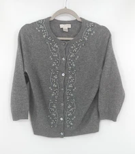 Kenar Cashmere Cardigan Sweater 3/4 Sleeve Gray Beaded 100% Cashmere Large