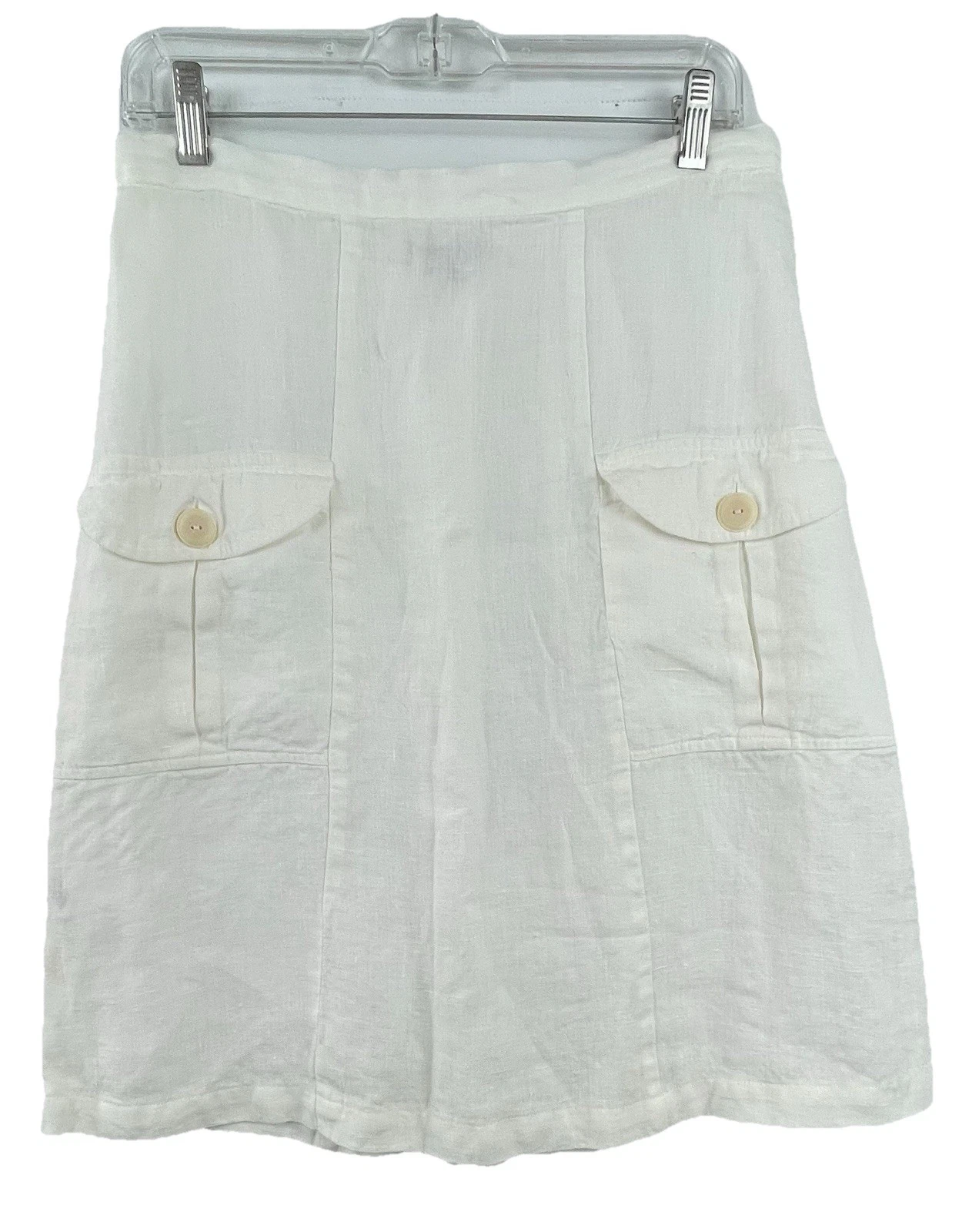 FLAX Sz Small White 100% Linen A-Line Front Pocket Cargo Skirt Lightweight Beach
