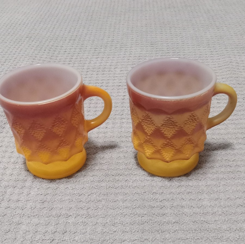 Vintage Anchor Hocking Fire King Glass Mug Kimberly Diamond Orange lot of 2