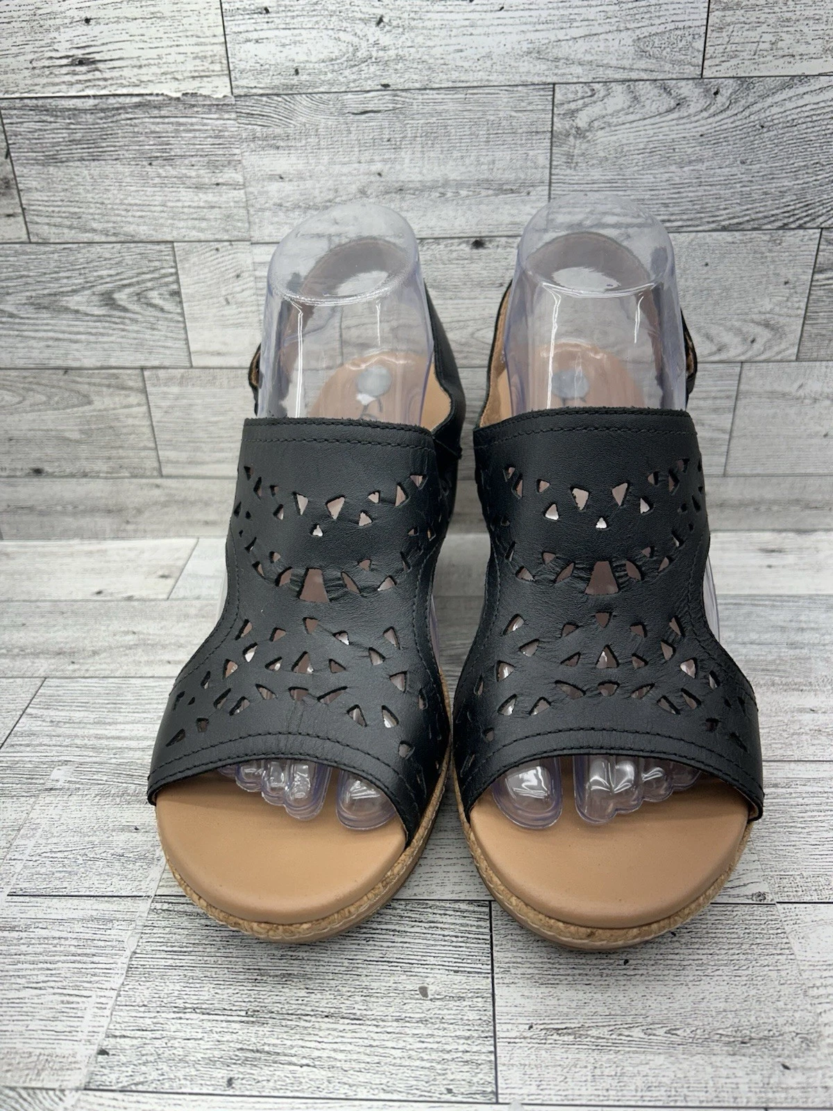 Sandali Clarks neri in pelle lavorata slingback punta aperta zeppa sughero misura 8 5