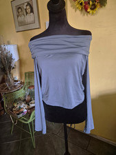 Gray Solid Off-the-Shoulder Ruched Knit Long Sleeve Pullover Top L