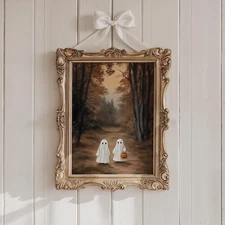 Ghost and Black Cat Halloween Print, Halloween PRINTABLE Wall Art, Cute Spooky